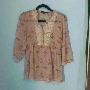 XXI  top size SP gray pink flower boho sheer country cottagecore tunic Prairie